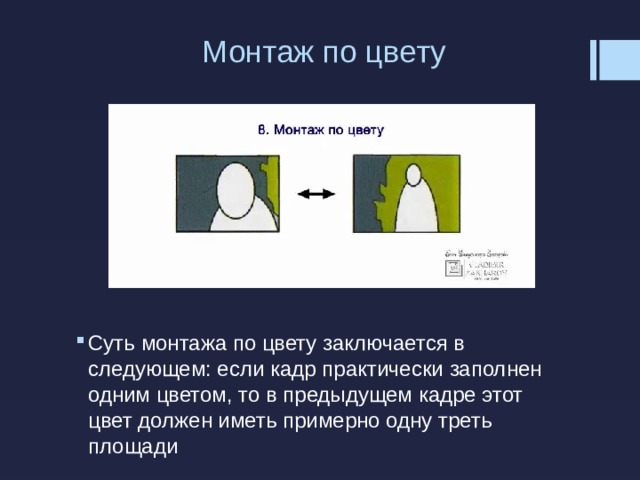 Монтаж по цвету   Суть монтажа по цвету заключается в следующем: если кадр практически заполнен одним цветом, то в предыдущем кадре этот цвет должен иметь примерно одну треть площади 