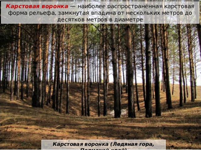 Карстовая воронка  — наиболее распространённая карстовая форма рельефа, замкнутая впадина от нескольких метров до десятков метров в диаметре Карстовая воронка (Ледяная гора, Пермский край) 