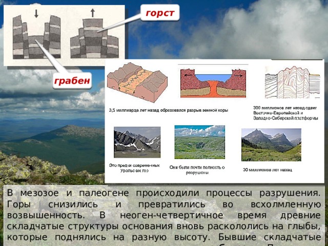 горст грабен В мезозое и палеогене происходили процессы разрушения. Горы снизились и превратились во всхолмленную возвышенность. В неоген-четвертичное время древние складчатые структуры основания вновь раскололись на глыбы, которые поднялись на разную высоту.  Бывшие складчатые горы превратились в складчато-глыбовые . Произошло омоложение древних разрушенных гор 