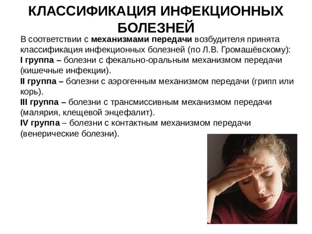 КЛАССИФИКАЦИЯ ИНФЕКЦИОННЫХ БОЛЕЗНЕЙ   В соответствии с механизмами передачи возбудителя принята классификация инфекционных болезней (по Л.В. Громашёвскому): І группа – болезни с фекально-оральным механизмом передачи (кишечные инфекции). ІІ группа – болезни с аэрогенным механизмом передачи (грипп или корь). ІІІ группа – болезни с трансмиссивным механизмом передачи (малярия, клещевой энцефалит). IV группа – болезни с контактным механизмом передачи (венерические болезни). 