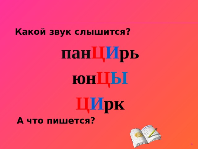  Какой звук слышится? пан Ц И рь юн Ц Ы Ц И рк  А что пишется?  