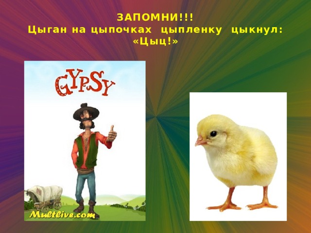 ЗАПОМНИ!!!  Цыган на цыпочках цыпленку цыкнул: «Цыц!» 