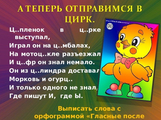 Ц..пленок в ц..рке выступал, Играл он на ц..мбалах, На мотоц..кле разъезжал И ц..фр он знал немало. Он из ц..линдра доставал Морковь и огурц.. И только одного не знал, Где пишут И, где Ы. Выписать слова с орфограммой «Гласные после Ц» 