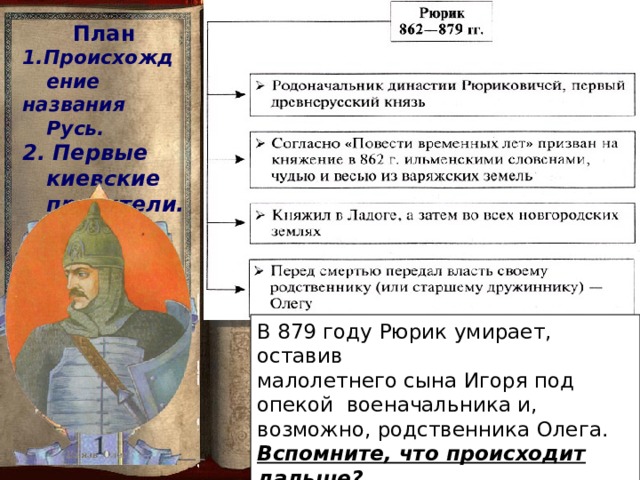 План 1.Происхождение названия Русь. 2. Первые киевские правители.  В 879 году  Рюрик умирает, оставив малолетнего сына Игоря под опекой военачальника и, возможно, родственника Олега. Вспомните, что происходит дальше? 