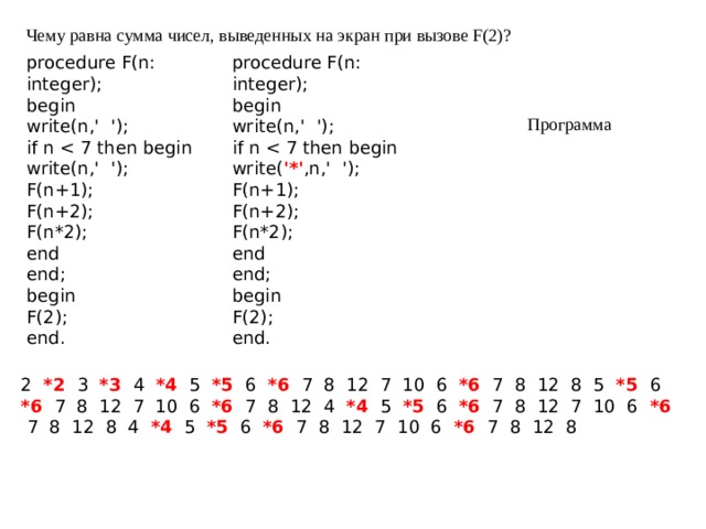 Чему равна сумма чисел, выведенных на экран при вызове F(2)? procedure F(n: integer); procedure F(n: integer); begin begin write(n,' '); write(n,' '); if n if n write( '*' ,n,' '); write(n,' '); F(n+1); F(n+1); F(n+2); F(n+2); F(n*2); F(n*2); end end end; end; begin begin F(2); F(2); end. end. Программа  2 *2 3 *3 4 *4 5 *5 6 *6 7 8 12 7 10 6 *6 7 8 12 8 5 *5 6 *6 7 8 12 7 10 6 *6 7 8 12 4 *4 5 *5 6 *6 7 8 12 7 10 6 *6 7 8 12 8 4 *4 5 *5 6 *6 7 8 12 7 10 6 *6 7 8 12 8 