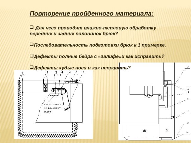 Повторение пройденного материала:   Для чего проводят влажно-тепловую обработку передних и задних половинок брюк?  Последовательность подготовки брюк к 1 примерке.  Дефекты п олные бедра с «галифе»и как исправить?  Дефекты худые ноги и как исправить?  