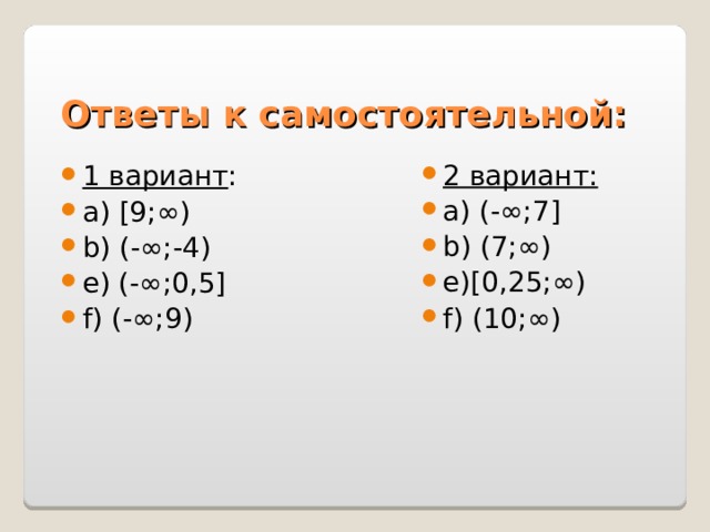 Ответы к самостоятельной: 2 вариант: a) (-∞;7] b) (7;∞) e)[0,25;∞) f) (10;∞) 1 вариант : a)  [9;∞) b) (-∞;-4) e) (-∞;0,5] f) (-∞;9)  