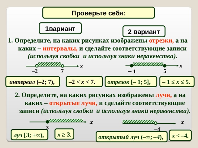 Проверьте себя: 1 вариант 2 вариант 1. Определите, на каких рисунках изображены отрезки, а на каких – интервалы, и сделайте соответствующие записи (используя скобки и используя знаки неравенства). x x –  1 7 – 2 5 –  1  ≤ x ≤  5. интервал ( – 2 ; 7 ) , отрезок [–  1 ; 5 ] , – 2   7. 2. Определите, на каких рисунках изображены лучи, а на каких – открытые лучи, и сделайте соответствующие записи  (используя скобки и используя знаки неравенства). x x 3 – 4 x ≥  3 . луч [ 3 ; + ∞ ) ,  x  4 . открытый луч (– ∞ ; – 4 ) ,  