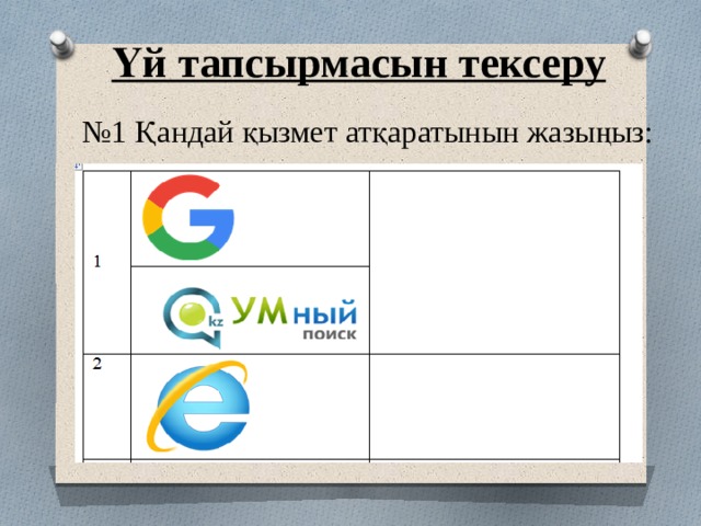 Үй тапсырмасын тексеру № 1 Қандай қызмет атқаратынын жазыңыз: 