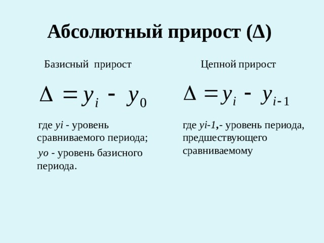 Абсолютный прирост (Δ)  Базисный прирост Цепной прирост  где уi - уровень сравниваемого периода;   где уi-1 , - уровень периода, предшествующего сравниваемому  уо - уровень базисного периода. 