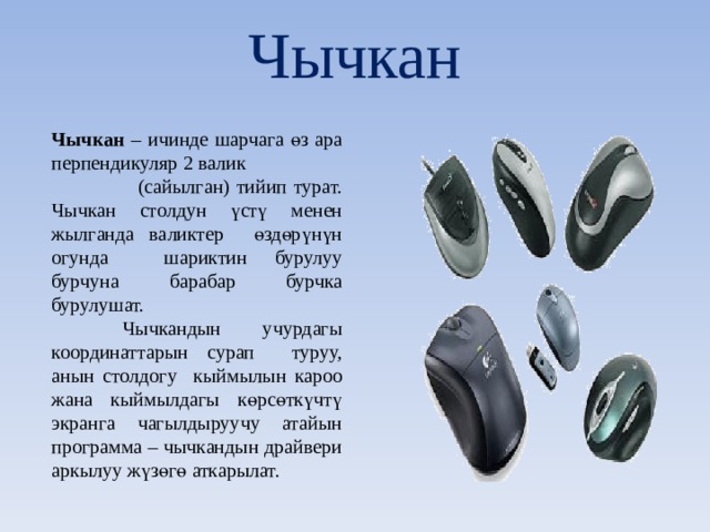 Чычкан Чычкан – ичинде шарчага өз ара перпендикуляр 2 валик (сайылган) тийип турат. Чычкан столдун үстү менен жылганда валиктер өздөрүнүн огунда шариктин бурулуу бурчуна барабар бурчка бурулушат.  Чычкандын учурдагы координаттарын сурап туруу, анын столдогу кыймылын кароо жана кыймылдагы көрсөткүчтү экранга чагылдыруучу атайын программа – чычкандын драйвери аркылуу жүзөгө аткарылат. 