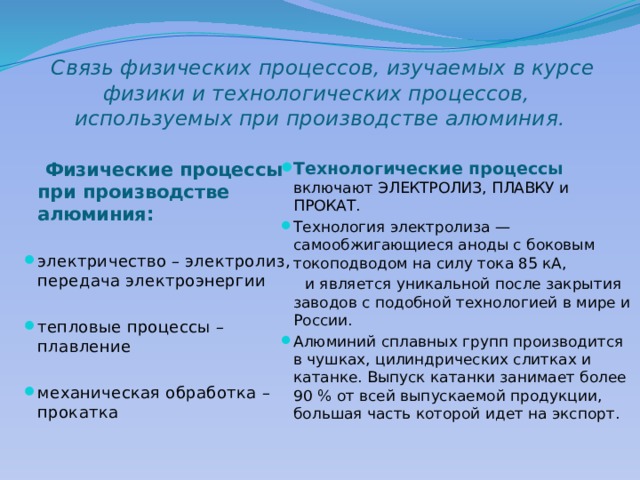  Связь физических процессов, изучаемых в курсе физики и технологических процессов, используемых при производстве алюминия.  Физические процессы при производстве алюминия: Технологические процессы включают ЭЛЕКТРОЛИЗ, ПЛАВКУ и ПРОКАТ. Технология электролиза — самообжигающиеся аноды с боковым токоподводом на силу тока 85 кА,  и является уникальной после закрытия заводов с подобной технологией в мире и России. электричество – электролиз, передача электроэнергии Алюминий сплавных групп производится в чушках, цилиндрических слитках и катанке. Выпуск катанки занимает более 90 % от всей выпускаемой продукции, большая часть которой идет на экспорт. тепловые процессы – плавление механическая обработка – прокатка 