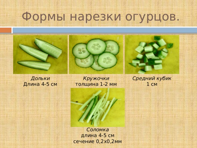 Формы нарезки огурцов. Дольки Кружочки Средний кубик Длина 4-5 см толщина 1-2 мм 1 см Соломка длина 4-5 см  сечение 0,2х0,2мм 