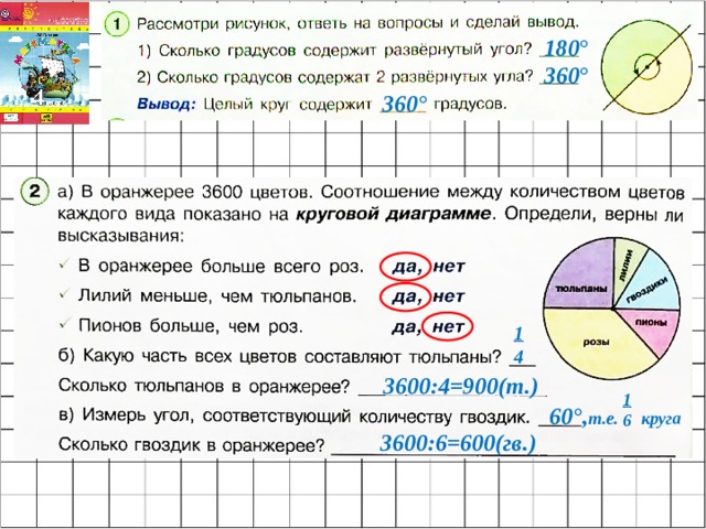 180° 360° 360° 1 4 3600:4=900(т.) 1 6 60°, т.е. круга 3600:6=600(гв.) 