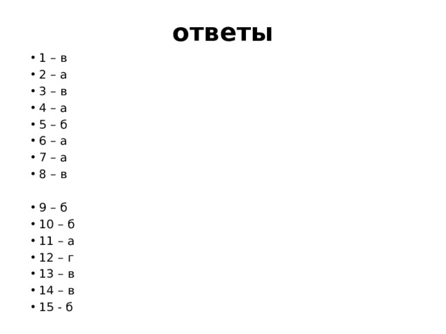 ответы 1 – в 2 – а 3 – в 4 – а 5 – б 6 – а 7 – а 8 – в 9 – б 10 – б 11 – а 12 – г 13 – в 14 – в 15 - б 