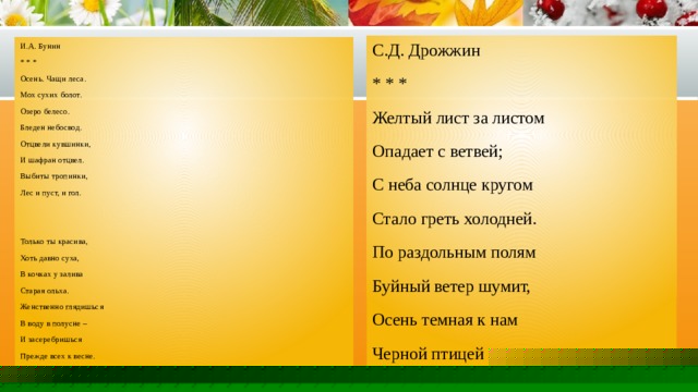 С.Д. Дрожжин * * * Желтый лист за листом Опадает с ветвей; С неба солнце кругом Стало греть холодней. По раздольным полям Буйный ветер шумит, Осень темная к нам Черной птицей летит. И.А. Бунин * * * Осень. Чащи леса. Мох сухих болот. Озеро белесо. Бледен небосвод. Отцвели кувшинки, И шафран отцвел. Выбиты тропинки, Лес и пуст, и гол. Только ты красива, Хоть давно суха, В кочках у залива Старая ольха. Женственно глядишься В воду в полусне – И засеребришься Прежде всех к весне. 