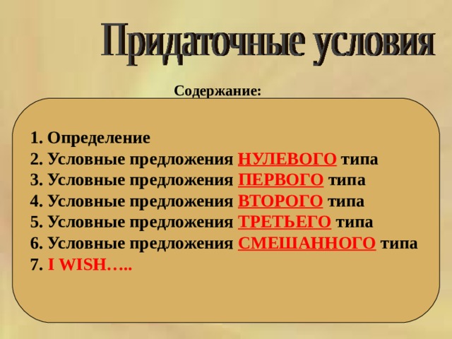 Содержание:  Определение Условные предложения НУЛЕВОГО  типа Условные предложения ПЕРВОГО типа Условные предложения ВТОРОГО типа Условные предложения ТРЕТЬЕГО типа Условные предложения СМЕШАННОГО типа 7 . I WISH….. 