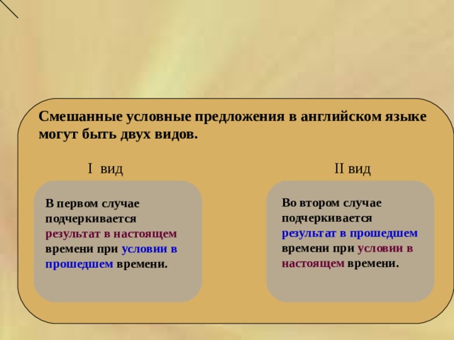     Смешанные условные предложения в английском языке  могут быть двух видов.    I вид II вид Во втором случае подчеркивается результат в прошедшем времени при условии в настоящем времени. В первом случае подчеркивается результат в настоящем времени при условии в прошедшем времени.  