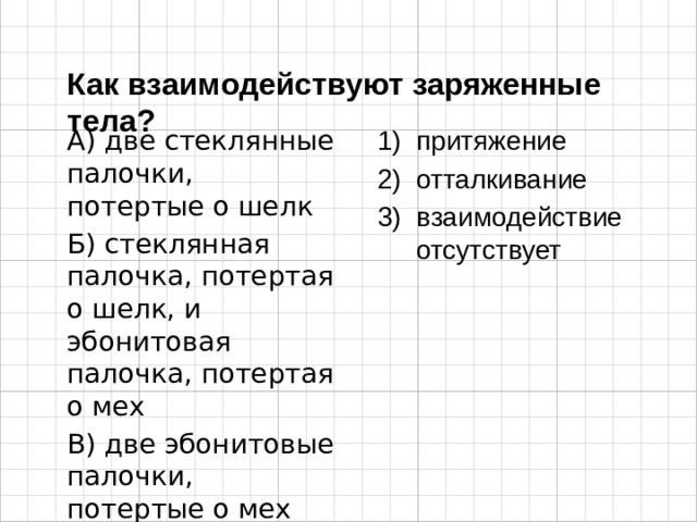 Как взаимодействуют заряженные тела? А) две стеклянные палочки, потертые о шелк притяжение отталкивание взаимодействие отсутствует Б) стеклянная палочка, потертая о шелк, и эбонитовая палочка, потертая о мех В) две эбонитовые палочки, потертые о мех 