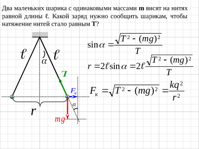 Два маленьких шарика с одинаковыми массами m висят на нитях равной длины ℓ . Какой заряд нужно сообщить шарикам, чтобы натяжение нитей стало равным Т ? + + 