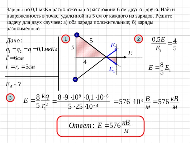+ + Заряды по 0,1 мкКл расположены на расстоянии 6 см друг от друга. Найти напряженность в точке, удаленной на 5 см от каждого из зарядов. Решите задачу для двух случаев: а) оба заряда положительные; б) заряды разноименные. 2 1 3 