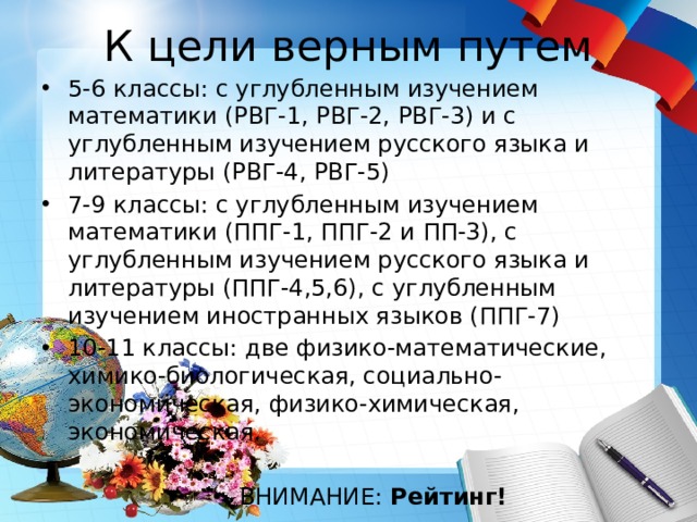 К цели верным путем 5-6 классы: с углубленным изучением математики (РВГ-1, РВГ-2, РВГ-3) и с углубленным изучением русского языка и литературы (РВГ-4, РВГ-5) 7-9 классы: с углубленным изучением математики (ППГ-1, ППГ-2 и ПП-3), с углубленным изучением русского языка и литературы (ППГ-4,5,6), с углубленным изучением иностранных языков (ППГ-7) 10-11 классы: две физико-математические, химико-биологическая, социально-экономическая, физико-химическая, экономическая. ВНИМАНИЕ: Рейтинг! 