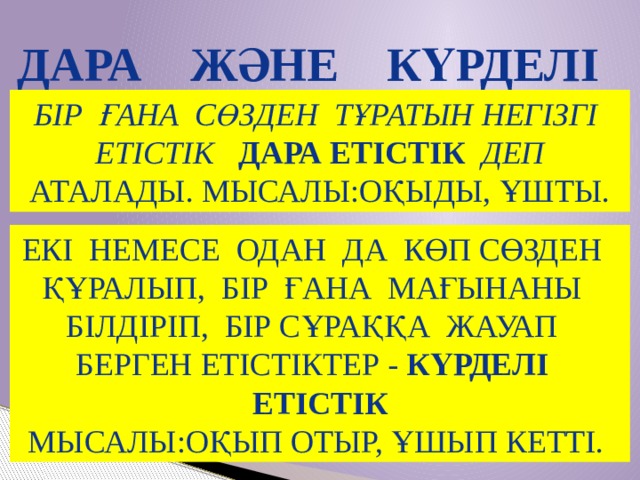 Дара және күрделі етістік Бір ғана сөзден тұратын негізгі етістік дара етістік деп аталады. мысалы:оқыды, ұшты. Екі немесе одан да көп сөзден құралып, бір ғана мағынаны білдіріп, бір сұраққа жауап берген етістіктер - күрделі етістік Мысалы:оқып отыр, ұшып кетті. 