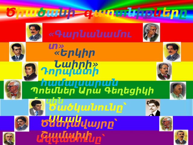 Ծ ի ա ծ ա ն ի  գ ա ղ տ ն ի ք ն ե ր ը «Գարնանամուտ» «Երկիր Նաիրի» Դորպատի համալսարան Պոեմներ Արա Գեղեցիկի մասին Ծածկանունը՝ Սևակ Ծննդավայրը՝ Շամախի Ազգանունը՝ Հովհաննիսյան 