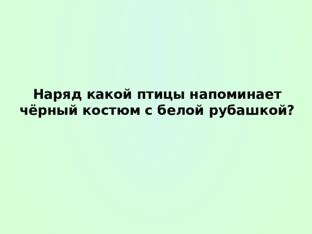 Наряд какой птицы напоминает чёрный костюм с белой рубашкой? 