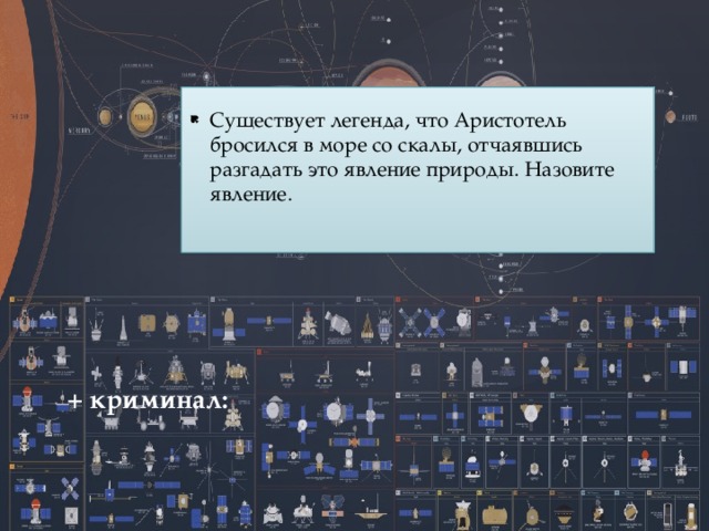 Существует легенда, что Аристотель бросился в море со скалы, отчаявшись разгадать это явление природы. Назовите явление. + криминал:   