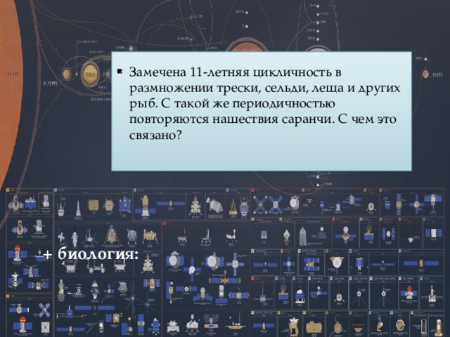 Замечена 11-летняя цикличность в размножении трески, сельди, леща и других рыб. С такой же периодичностью повторяются нашествия саранчи. С чем это связано? + биология:   