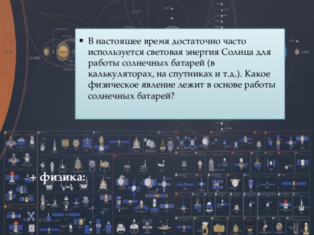 В настоящее время достаточно часто используется световая энергия Солнца для работы солнечных батарей (в калькуляторах, на спутниках и т.д.). Какое физическое явление лежит в основе работы солнечных батарей? + физика:   