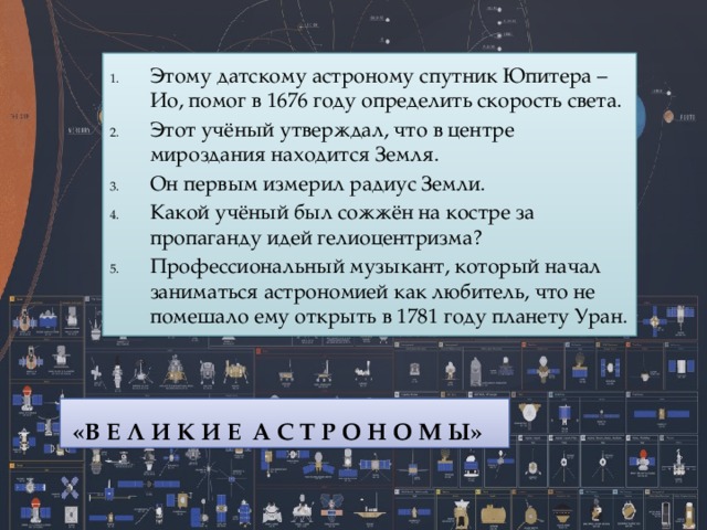 Этому датскому астроному спутник Юпитера – Ио, помог в 1676 году определить скорость света. Этот учёный утверждал, что в центре мироздания находится Земля. Он первым измерил радиус Земли. Какой учёный был сожжён на костре за пропаганду идей гелиоцентризма? Профессиональный музыкант, который начал заниматься астрономией как любитель, что не помешало ему открыть в 1781 году планету Уран.   «В Е Л И К И Е  А С Т Р О Н О М Ы» 