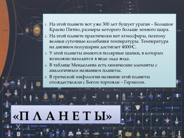 На этой планете вот уже 300 лет бушует ураган – Большое Красно Пятно, размеры которого больше земного шара. На этой планете практически нет атмосферы, поэтому велики суточные колебания температуры. Температура на дневном полушарии достигает 4000 0 С. У этой планеты имеются полярные шапки, в которых возможно находится в виде льда вода. В таблице Менделеева есть химические элементы с аналогичным названием планеты. В греческой мифологии название этой планеты отождествляли с Богом торговли – Гермесом. «П Л А Н Е Т Ы» 