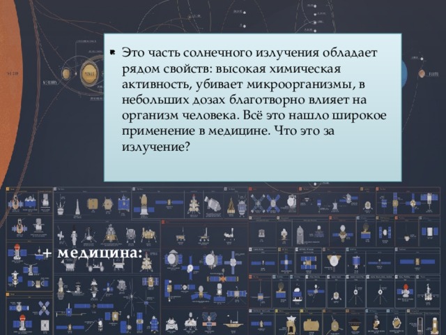 Это часть солнечного излучения обладает рядом свойств: высокая химическая активность, убивает микроорганизмы, в небольших дозах благотворно влияет на организм человека. Всё это нашло широкое применение в медицине. Что это за излучение? + медицина:   