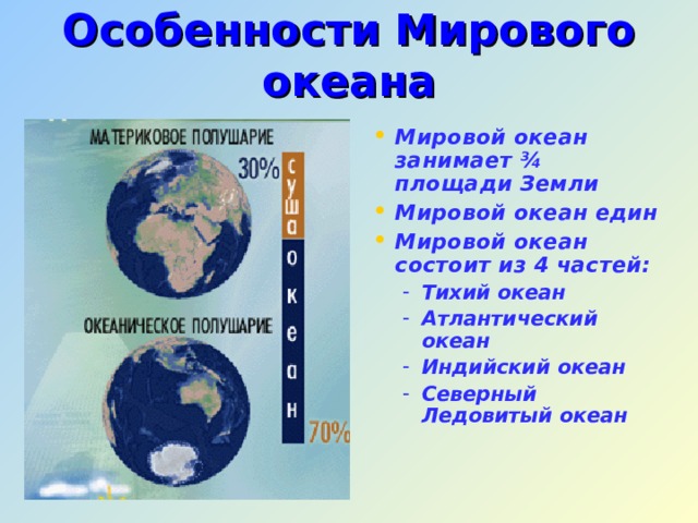 Особенности Мирового океана Мировой океан занимает ¾ площади Земли Мировой океан един Мировой океан состоит из 4 частей: Тихий океан Атлантический океан Индийский океан Северный Ледовитый океан Тихий океан Атлантический океан Индийский океан Северный Ледовитый океан Океан занимает ¾ площади Земли (слайд 10) , он един, то есть из любой его точки можно попасть в любую другую, не пересекая сушу, и Океан состоит из четырёх частей (океанов).  Учитель предлагает найти океаны на карте океанов в атласе и показать их на мировой карте (слайд 11) .  