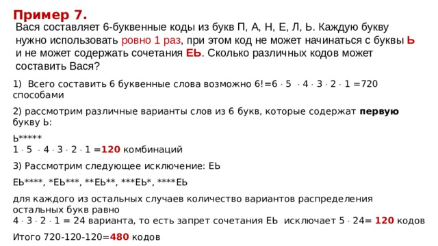 Пример 7. Вася составляет 6-буквенные коды из букв П, А, Н, Е, Л, Ь. Каждую букву нужно использовать ровно 1 раз , при этом код не может начинаться с буквы Ь и не может содержать сочетания ЕЬ . Сколько различных кодов может составить Вася? 1) Всего составить 6 буквенные слова возможно 6! = 6  5  4  3  2  1 =720 способами 2) рассмотрим различные варианты слов из 6 букв, которые содержат первую букву Ь: Ь*****  1  5  4  3  2  1 = 120 комбинаций 3) Рассмотрим следующее исключение: ЕЬ ЕЬ****, *ЕЬ***, **ЕЬ**, ***ЕЬ*, ****ЕЬ для каждого из остальных случаев количество вариантов распределения остальных букв равно  4  3  2  1 = 24 варианта, то есть запрет сочетания ЕЬ исключает 5  24= 120 кодов Итого 720-120-120= 480 кодов  