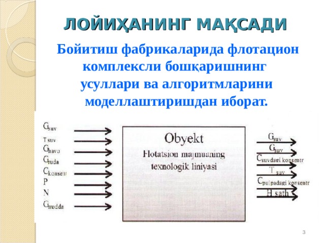 ЛОЙИҲАНИНГ МАҚСАДИ Бойитиш фабрикаларида флотацион комплексли бошқаришнинг  усуллари ва алгоритмларини моделлаштиришдан иборат.     