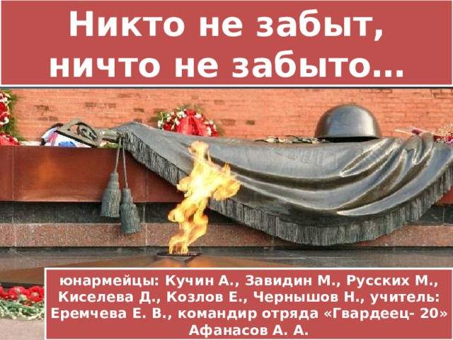 Никто не забыт,  ничто не забыто… юнармейцы: Кучин А., Завидин М., Русских М., Киселева Д., Козлов Е., Чернышов Н., учитель: Еремчева Е. В., командир отряда «Гвардеец- 20» Афанасов А. А. 