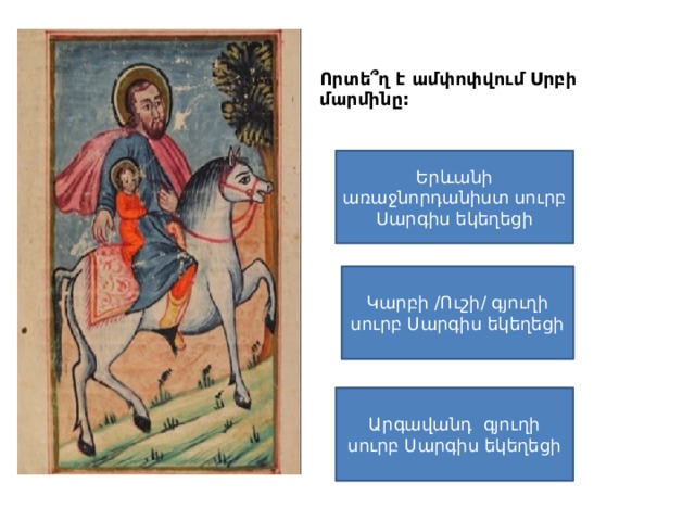 Որտե՞ղ է ամփոփվում Սրբի մարմինը: Երևանի առաջնորդանիստ սուրբ Սարգիս եկեղեցի Կարբի /Ուշի/ գյուղի սուրբ Սարգիս եկեղեցի Արգավանդ գյուղի սուրբ Սարգիս եկեղեցի 