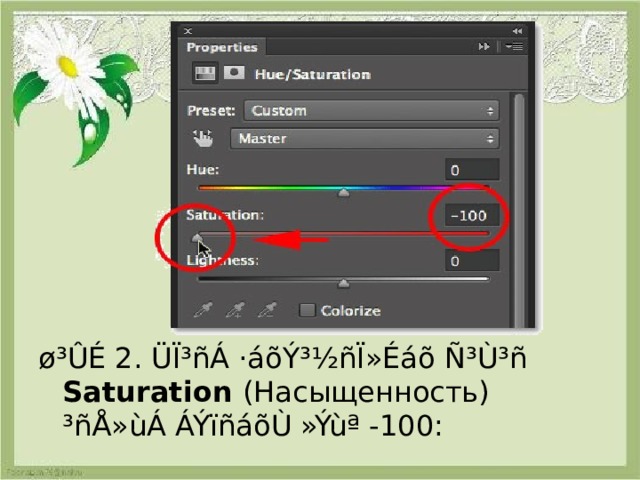 ø³ÛÉ 2. ÜÏ³ñÁ ·áõÝ³½ñÏ»Éáõ Ñ³Ù³ñ Saturation  (Насыщенность) ³ñÅ»ùÁ  ÁÝïñáõÙ »Ýùª -100: 