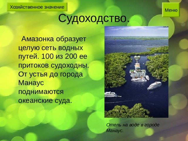  Амазонка образует целую сеть водных путей. 100 из 200 ее притоков судоходны. От устья до города Манаус поднимаются океанские суда. Отель на воде в городе Манаус. 