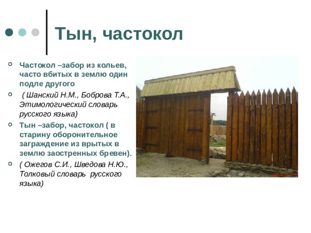 Тын, частокол Частокол –забор из кольев, часто вбитых в землю один подле другого  ( Шанский Н.М., Боброва Т.А., Этимологический словарь русского языка) Тын –забор, частокол ( в старину оборонительное заграждение из врытых в землю заостренных бревен) . ( Ожегов С.И., Шведова Н.Ю., Толковый словарь русского языка)  