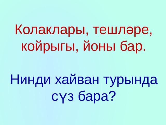 Колаклары, тешләре, койрыгы, йоны бар.   Нинди хайван турында сүз бара? 