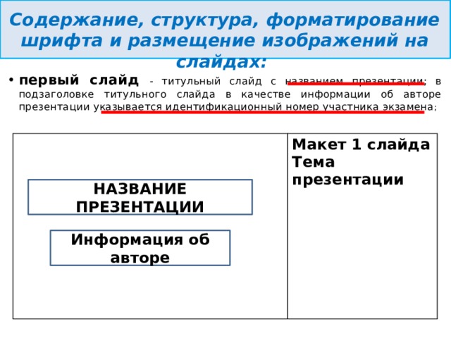  Содержание, структура, форматирование шрифта и размещение изображений на слайдах: первый слайд - титульный слайд с названием презентации; в подзаголовке титульного слайда в качестве информации об авторе презентации указывается идентификационный номер участника экзамена ;  Макет 1 слайда Тема презентации НАЗВАНИЕ ПРЕЗЕНТАЦИИ Информация об авторе 
