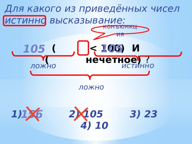 Для какого из приведённых чисел истинно высказывание:   (  ? конъюнкция 105 105 истинно ложно ложно 156 1) 2) 105 3) 23 4) 10 