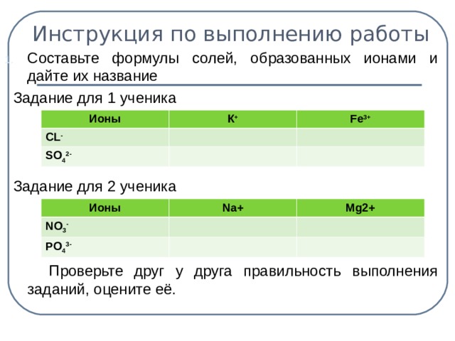 Инструкция по выполнению работы C оставьте формулы солей, образованных ионами и дайте их название  Задание для 1 ученика  Задание для 2 ученика  Проверьте друг у друга правильность выполнения заданий, оцените её. Ионы К + CL - Fe 3+ SO 4 2- Ионы NO 3 - Na+ Mg2+ PO 4 3-