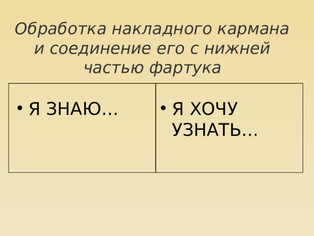 Обработка накладного кармана и соединение его с нижней частью фартука Я ЗНАЮ… Я ХОЧУ УЗНАТЬ… 