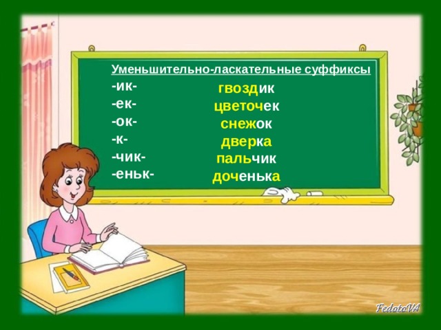 Уменьшительно-ласкательные суффиксы -ик- -ек- -ок- -к- -чик- -еньк- гвозд ик цветоч ек снеж ок двер к а паль чик доч еньк а 