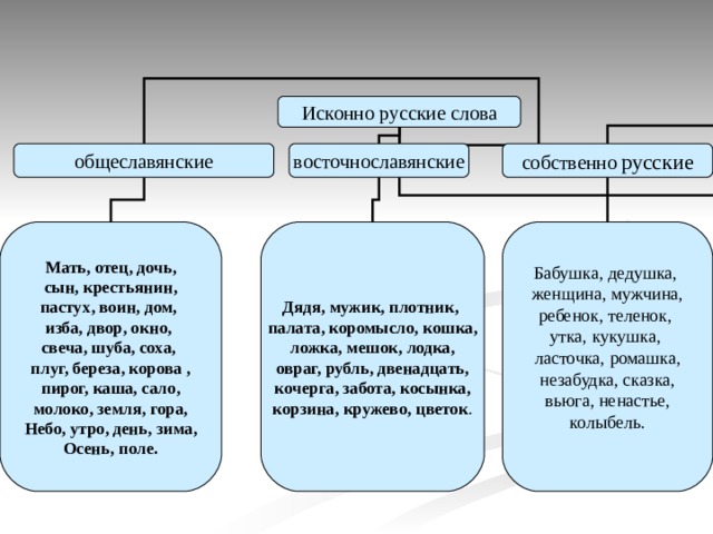 Исконно русские слова общеславянские восточнославянские собственно  русские Мать, отец, дочь, сын, крестьянин, пастух, воин, дом, изба, двор, окно, свеча, шуба, соха, плуг, береза, корова , пирог, каша, сало, молоко, земля, гора, Небо, утро, день, зима, Осень, поле. Дядя, мужик, плотник, палата, коромысло, кошка,  ложка, мешок, лодка, овраг, рубль, двенадцать, кочерга, забота, косынка, корзина, кружево, цветок . Бабушка, дедушка, женщина, мужчина, ребенок, теленок, утка, кукушка, ласточка, ромашка, незабудка, сказка, вьюга, ненастье, колыбель.   